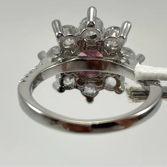 Exquisite Statement Pink White Diamond CZ Flower Star Silver Plated Boho Ring